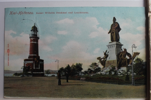 AK Kiel-Holtenau Kaiser Wilhelm Denkmal mit Leuchtturm 1910 gebraucht #PE557
