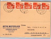 Französische Zone Baden 28 im 4er Streifen auf Postkarte portogerecht #DBO84