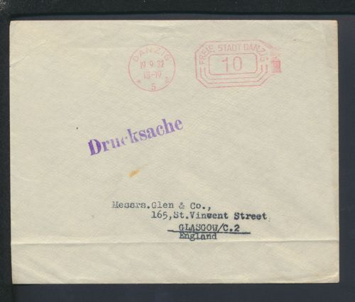 Besetzung Auslands Drucksache Brief Danzig Absenderfreistempel Glasgow Schottland