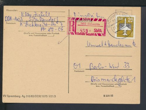 Flugpost R-Karte DDR Einzelfrankatur Sonder R-Zettel Flugpost Schulzendorf