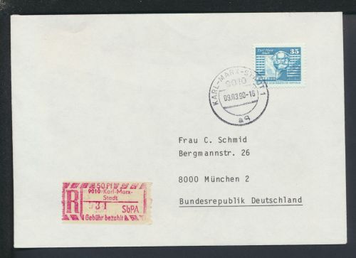 R-Brief DDR Einzelfrankatur plus Sonder R-Zettel Karl-Marx-Stadt Sachsen München