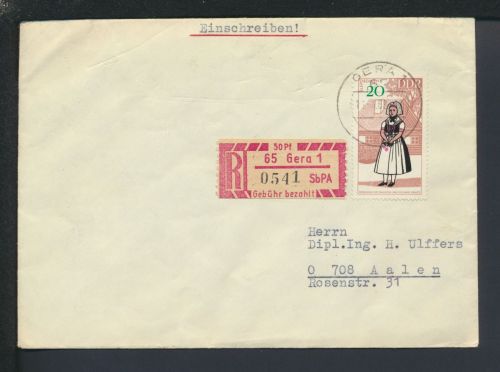 DDR R-Brief Einzelfrankatur plus Sonder R-Zettel Gera Thüringen Aalen Baden -