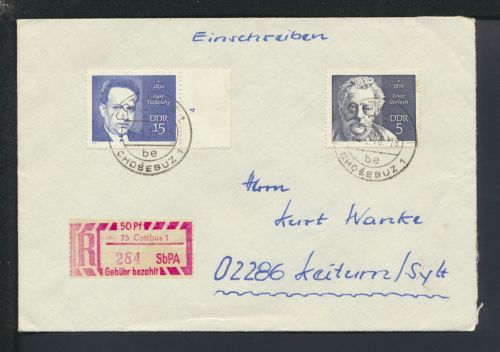 R-Brief DDR Cottbus Sonder R-Zettel Gebühr bezahlt Brandenburg Keitum Sylt