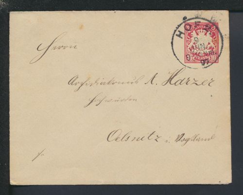 Altdeutschland Bayern Ganzsache 10 Pfg Wappen K1 Hof 2 Oelsnitz Sachsen 1897