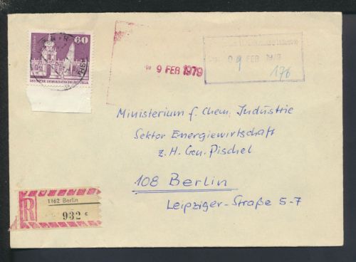 R-Brief DDR Berlin an das Ministerium für chemische Industrie