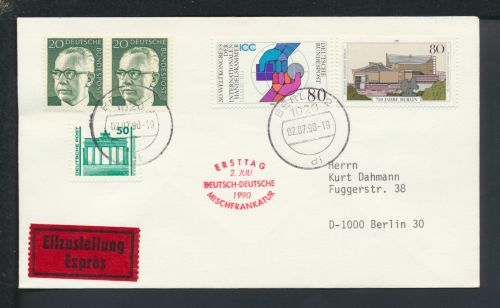 Brief Express Bund Berlin Ersttag Deutsch-Deutsche Mischfrankatur 1990