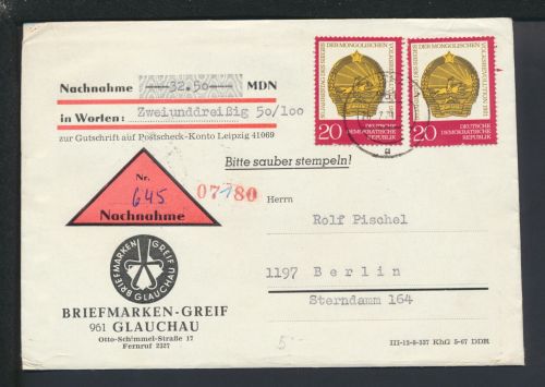 Motiv Pferde Brief Nachnahme DDR inl. Paar 20 Pfg. Glauchau Sachsen Berlin
