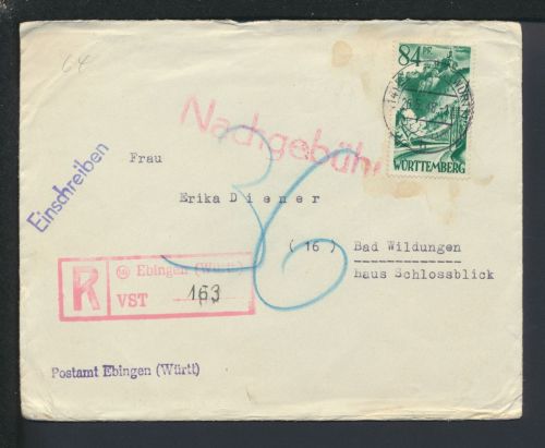 Franz. Zone Württemberg Postsache Nachgebühr Not R-Zettel Ebingen Bad Wildungen