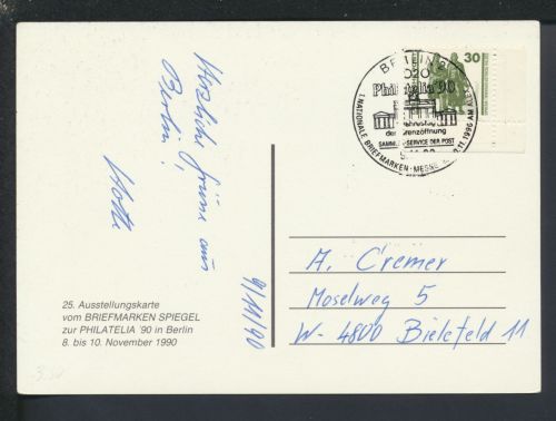 Brandenburger Tor Brief Berlin Bogenecke Eckrand SST Philatelia 1990 auf Karte