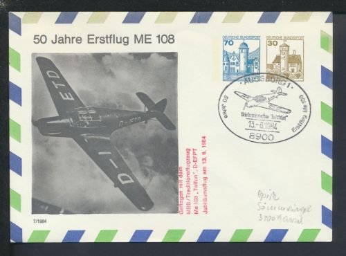 Flugpost Bund Privatganzsache Augsburg Bayern Flugzeug SST 50 J. Erstflug ME 108