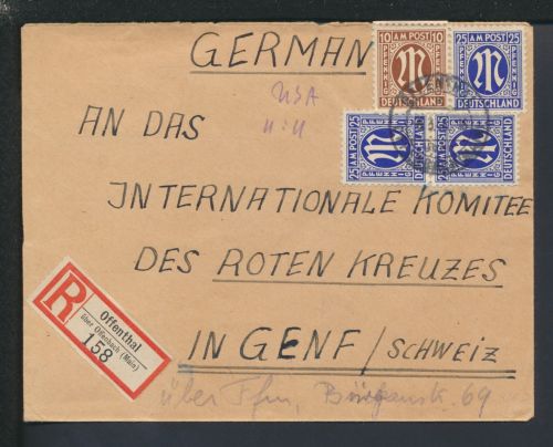 Landpost R-Brief Bizone AM-Post Offenthal über Offenbach Hessen Genf Schweiz