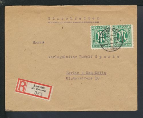 R-Brief Bizone AM-Post Paar 42 Pfg. Aumühle Schleswig-Holstein Berlin