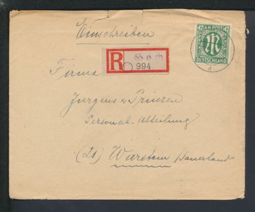 R-Brief Bizone AM-Post Not R-Zettel Goch NRW Warstein