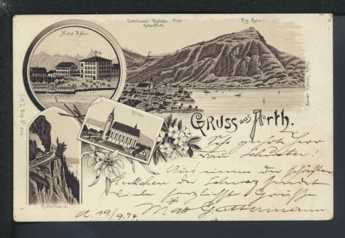 Litho Ansichtskarte Schweiz Arth Kirche Hotel Adler Kräbelwand Leipzig Sachsen