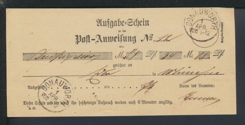 Altdeutschland Bayern Aufgabeschein Postanweisung Donauwörth 1874 (?)