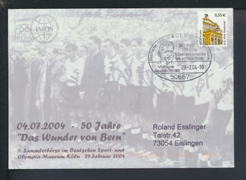 Brief Bund Köln NRW SST 50 Jahre Das Wunder von Bern 2004 Eislingen