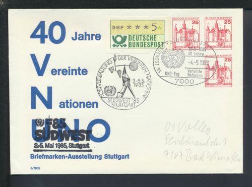 Brief Bund Baden-Württemberg Stuttgart SST 40 Jahre UNO 1985 Bad Wimpfen