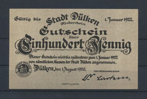 Banknote Geldschein Notgeld Stadt Dülken Niederrhein NRW 100 Pfennig