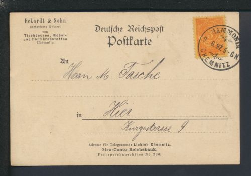 Stadtpost Privatpost Karte Hammonia Chemnitz 1897 Reklame Erhardt & Sohn