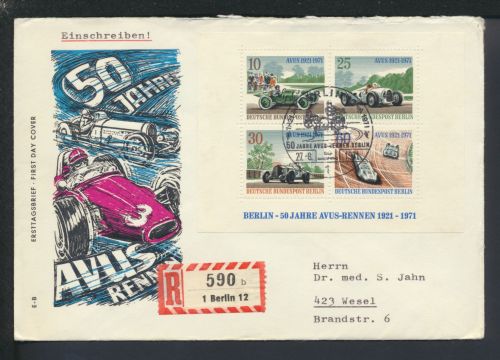 Sport Autorennen dekorativer R-Brief Berlin Zusammendruck SST 50 J. Avus Rennen