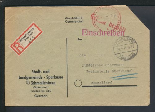 Barfrankierung 54 Pfg. R-Brief Alliierte Besetzung Schmallenberg Sauerland NRW