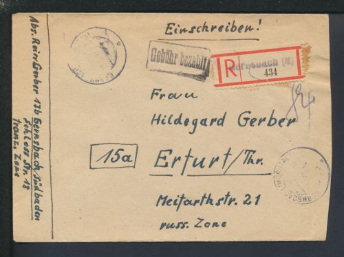 Barfrankierung Franz. Zone Baden R-Brief 84 Pfg. Gernsbach Baden-Württemberg