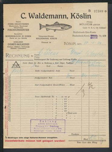 Köslin Pommern Kr. Köslin Koszalin Ostgebiete illustr. Rechnung C. Waldemann