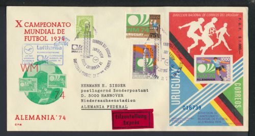 Sport Fußball Flugpost Express Uruguay SST WM Weltmeisterschaft Block ungezähnt