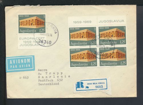 UNO Cept Viererblock Flugpost Airmail R-Brief Jugoslavien Saarlouis Saarland