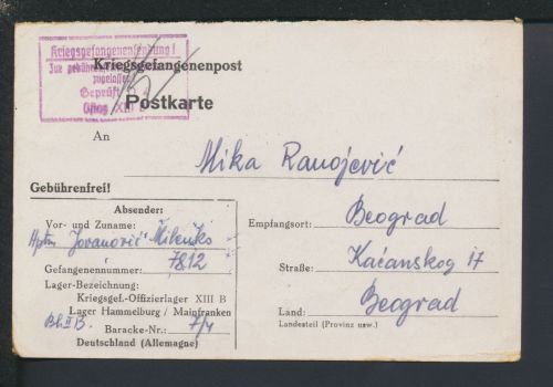 Kriegsgefangenenpost Offizierlager Hammelburg XIII B Belgrad Serbien 1944