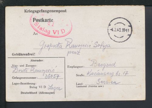 Kriegsgefangenenpost Stalag VI D Dortmund Stiller Feldpoststempel Belgrad