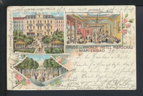 Litho Ansichtskarte Marienbad Tschechien Hotel Wagner Warschau Duisburg NRW 1901