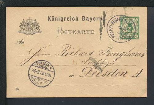 Ganzsache Altdeutschland Bayern Pfaffenhofen Dresden Sachsen 1898 Nachnahme