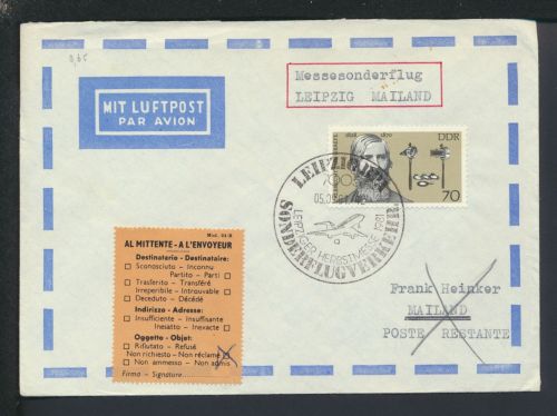 Flugpost Airmail DDR Retour Leipzig Sachsen Mailand Italien Sonderflugverkehr