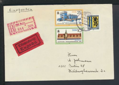 DDR Sonder R-Zettel Gebühr bezahlt Berlin R-Brief Express + Einlieferungsschein