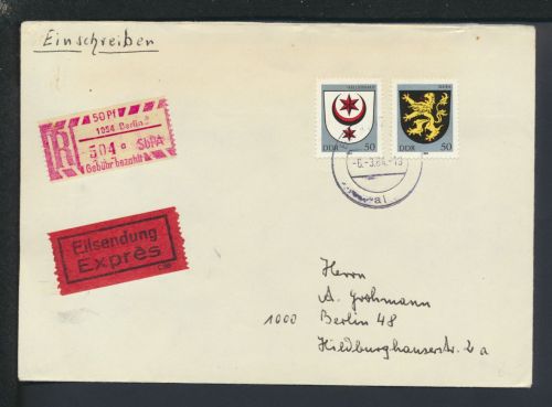 DDR Sonder R-Zettel Gebühr bezahlt Berlin R-Brief Express + Einlieferungsschein