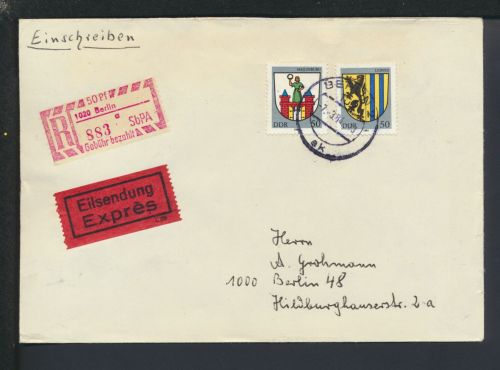 Berlin R-Brief Express DDR Sonder R-Zettel Gebühr bezahlt + Einlieferungsschein
