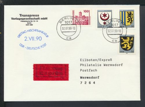 Berlin Wermsdorf Sachsen DDR Brief Express SST Ersttag Mischfrankatur