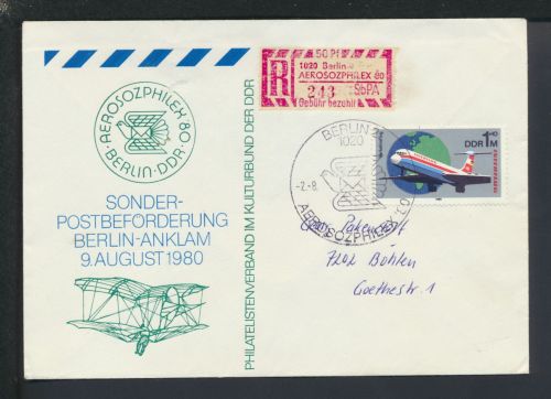 Berlin Böhlen Thüringen R-Brief DDR SST AEROSOZPHILEX 1980 m Einlieferungsschein