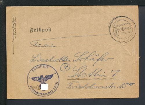 Deutsches Reich stummer Feldpost Stempel 23.5.1944 Stettin Polen Ostgebiete