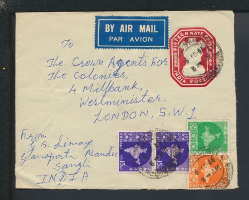 Flugpoat Airmail Indien Ganzsache plus ZUF Sangli London Großbritannien