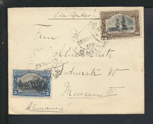 Brief Chile über die Anden nach Meissen Sachsen 28.11.1910