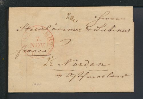 Altdeutschland Thurn & Taxis Vorphila roter K2 Frankfurt Hessen nach Norden