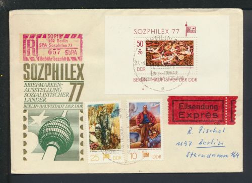 Berlin R-Brief Express DDR mit Sonder R-Zettel 50 Pfg Gebühr bezahlt SOZPHILEX