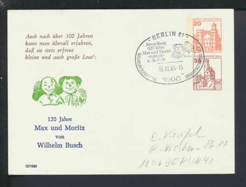 Berlin Privatganzsache 2 Wst Burgen & Schlösser SST 120 Jahre Max und Moritz von
