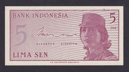 Banknoten Geldscheine Indonesien Asien 5 LIMA SEN 1964 unc.