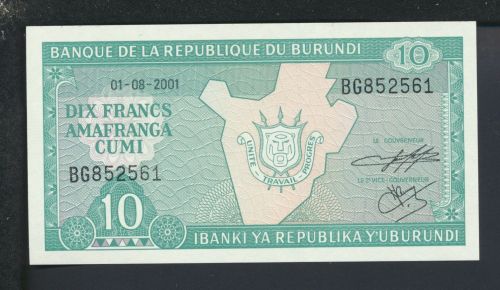 Geldscheine Banknoten Burundi Afrika 10 2001 I. UNC