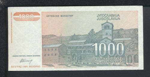 Geldscheine Banknoten Jugoslavien Europa 1000 Dinar 1994 II