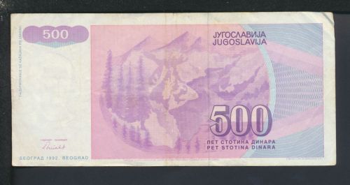 Geldscheine Banknoten Jugoslavien Europa 500 Dinar 1992 IV