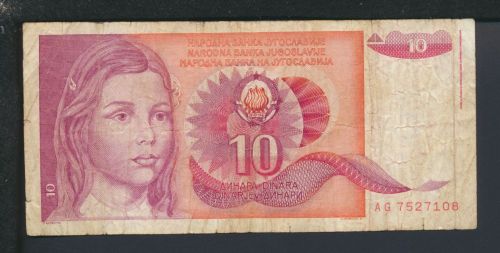 Geldscheine Banknoten Jugoslavien Europa 10 Dinar 1990 IV